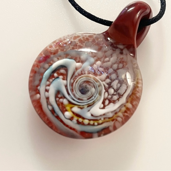 Handblown Artisan Brown Blue White Yellow Glitter Art Lampwork Glass Necklace - Picture 3 of 16